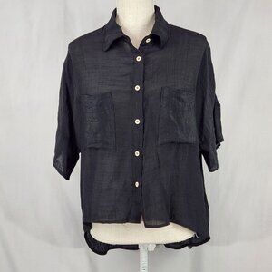 HYFVE Button Up Semi Sheer Blouse Women's M Black High Low Hem Short Sleeve Goth
